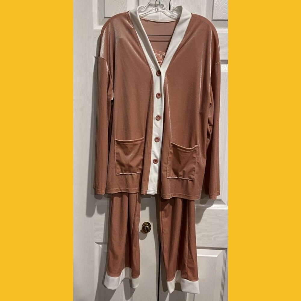 Pink Button Front Velour Pajama Set